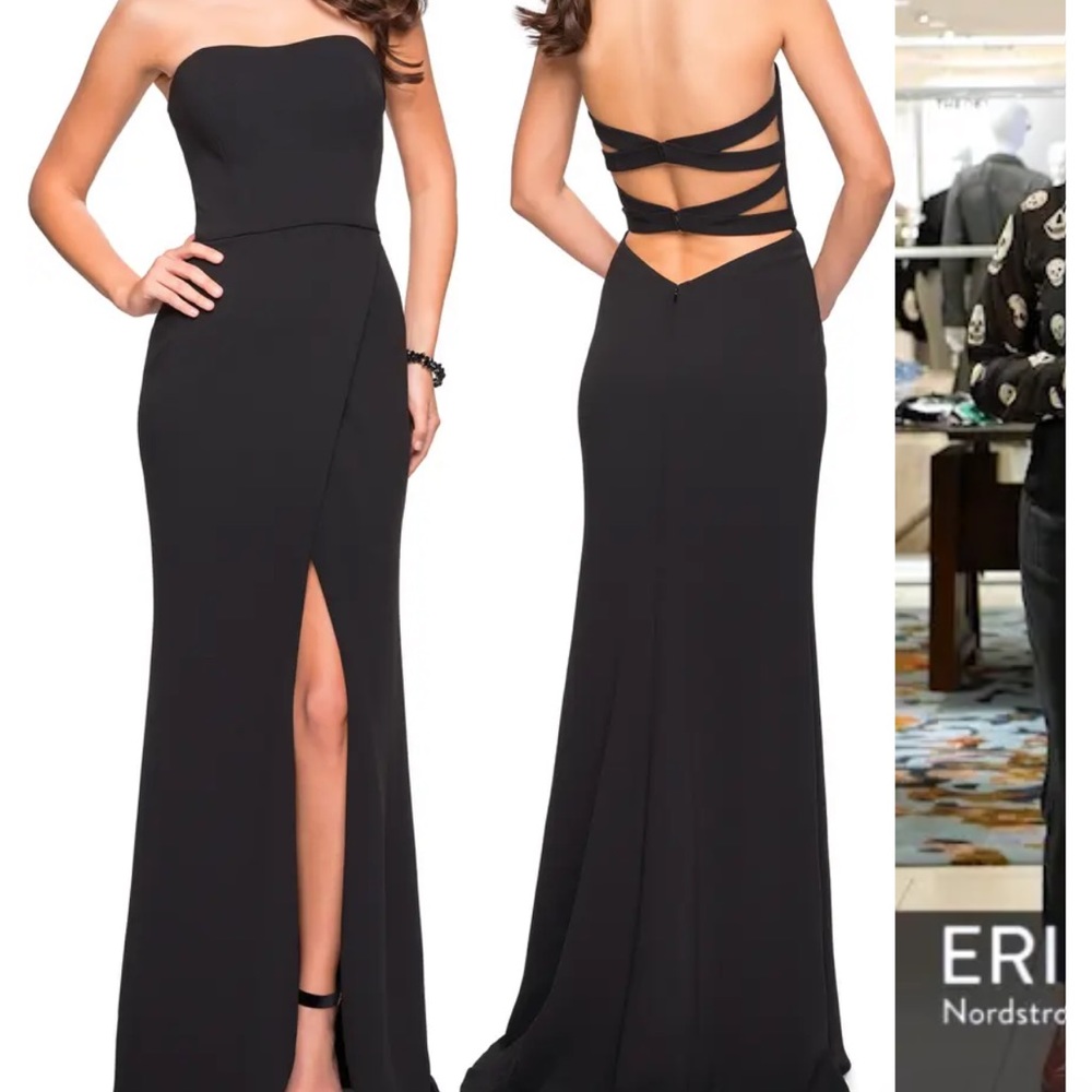 BURGUNDY strapless La Femme Evening gown - Picture 2 of 8